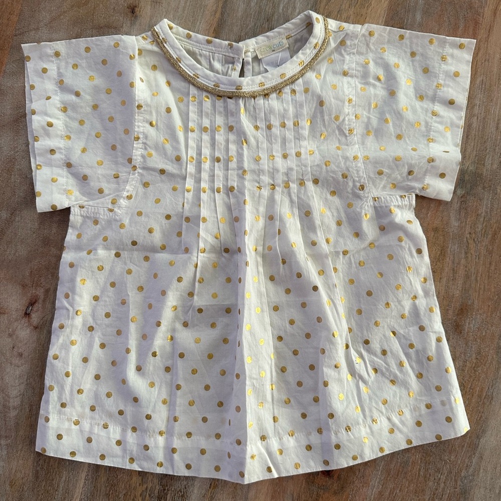 NWT Crewcuts Toddler Girls’ Short Sleeve Cotton Top White Gold Polka Dots Sz 2T